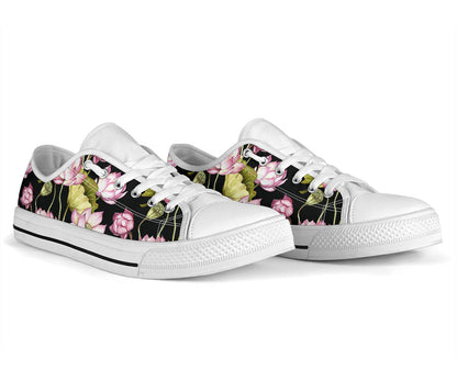 Water Lily Pattern Print Design WL06 White Bottom Low Top Shoes