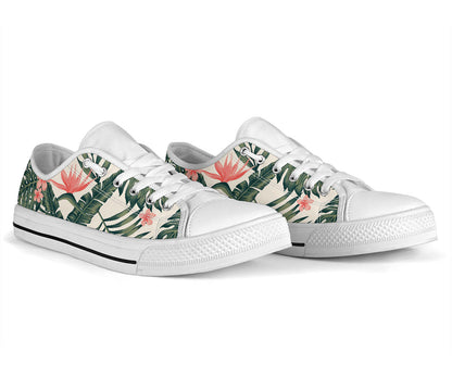 Tropical Flower Palm Leaves White Bottom Low Top Shoes