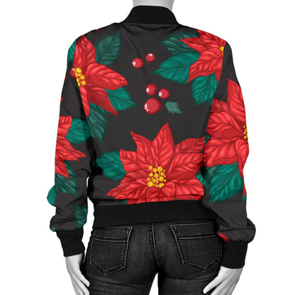 Poinsettia Pattern Print Design POT07 Women Bomber Jacket