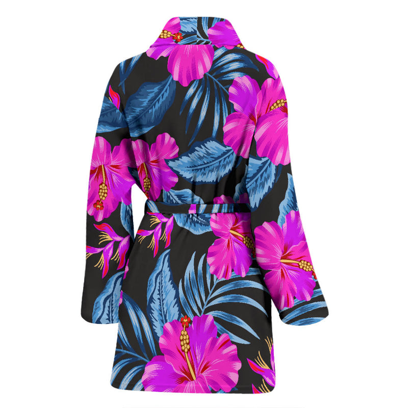 Neon Pink Hibiscus Pattern Print Design HB015 Women Bathrobe