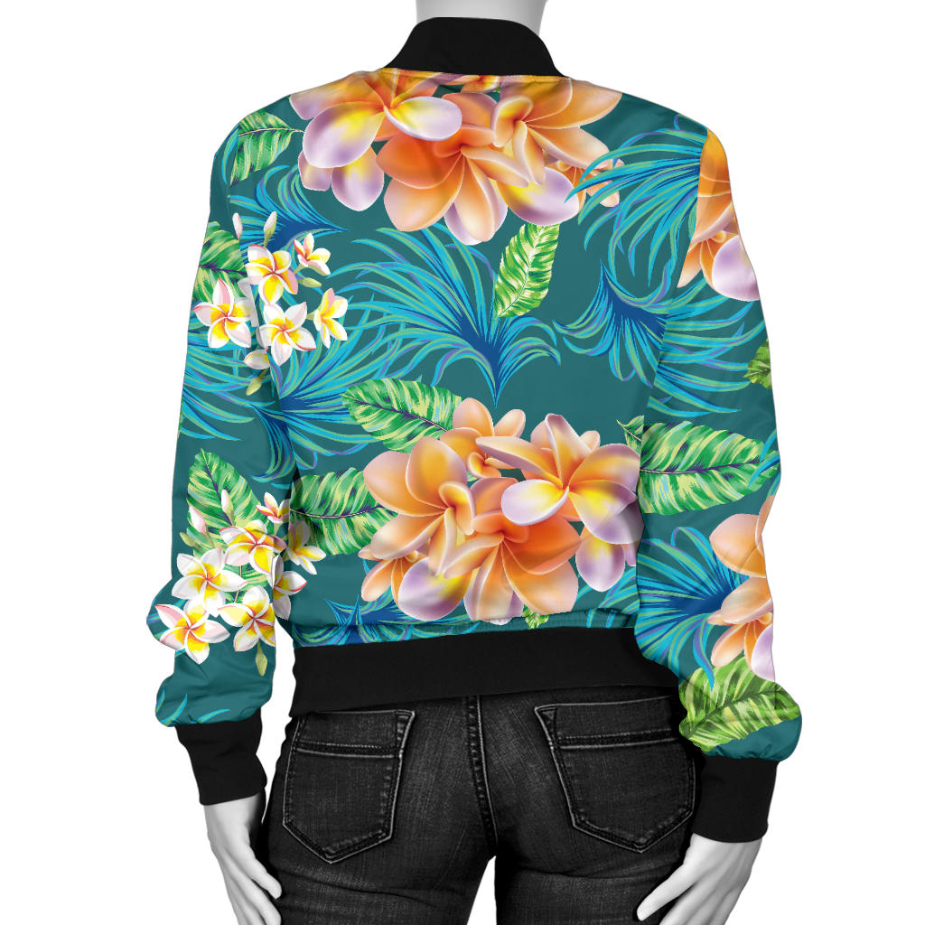 Plumeria Tropical Flower Design Print Women Bomber Jacket