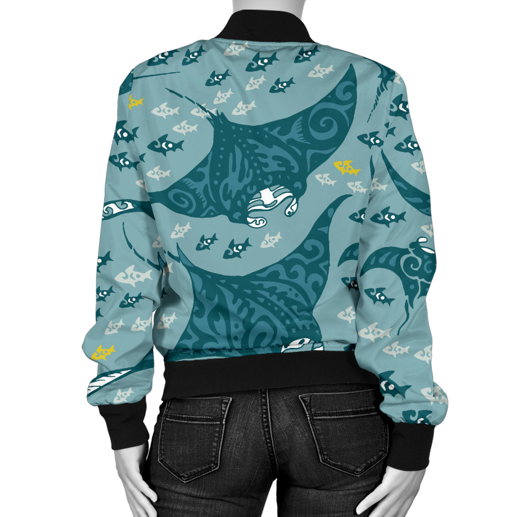Manta Ray Tribal Pattern Print Design 03 Women's Bomber Jacket
