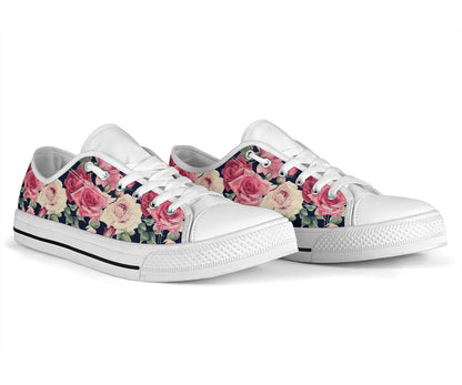 Rose Pattern Print Design RO05 White Bottom Low Top Shoes
