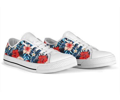 Red Hibiscus Blue Scene White Bottom Low Top Shoes