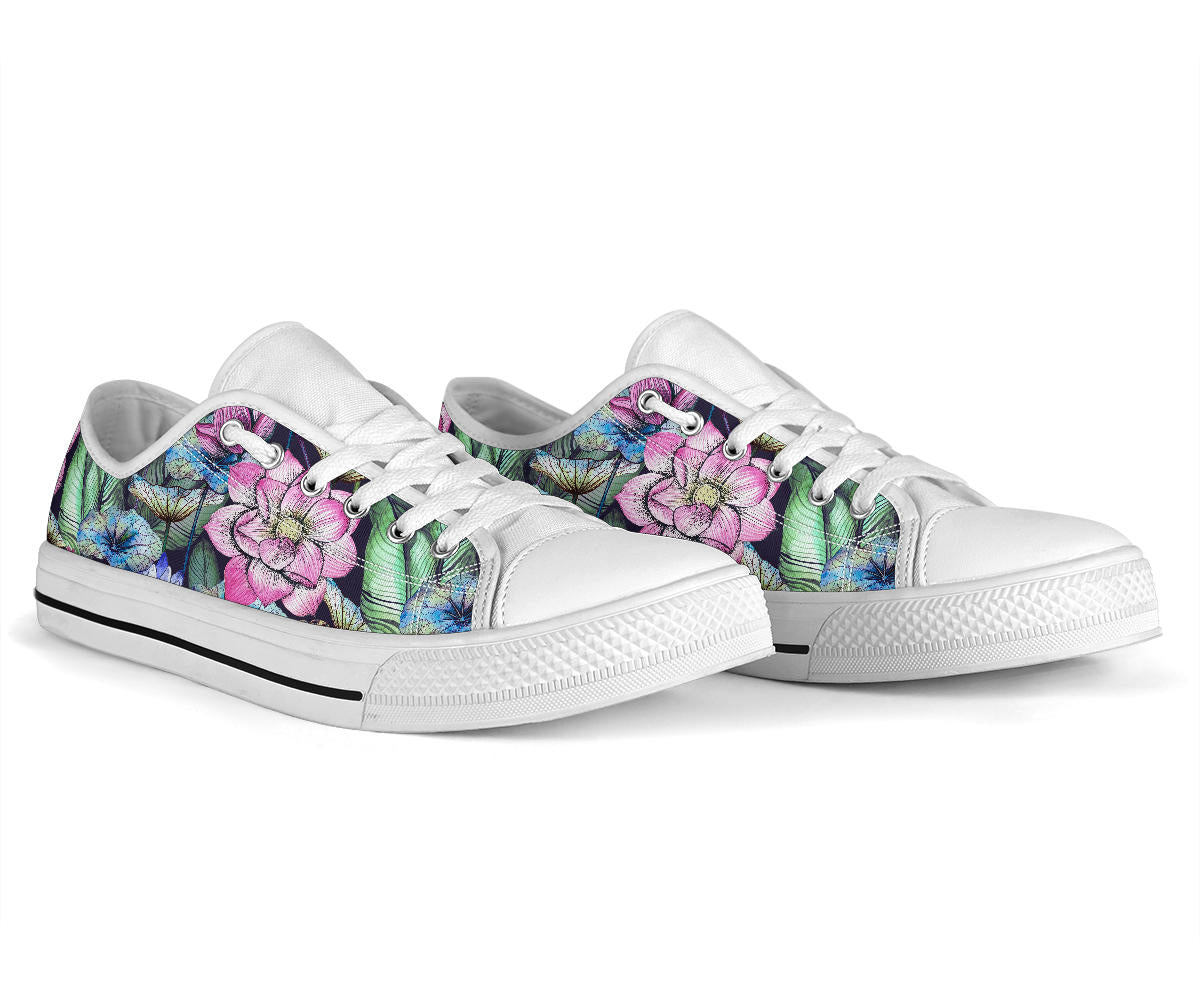 Water Lily Pattern Print Design WL07 White Bottom Low Top Shoes