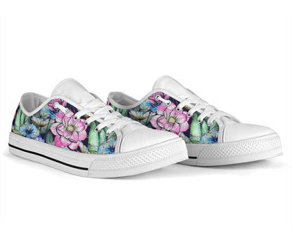 Water Lily Pattern Print Design WL07 White Bottom Low Top Shoes