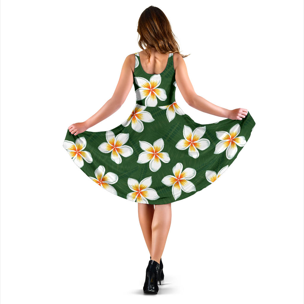 White Plumeria Pattern Print Design PM020 Midi Dress