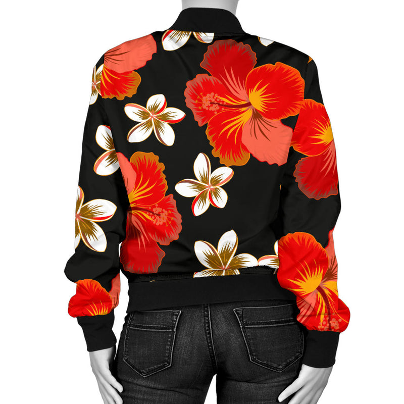 Red Hibiscus Pattern Print Design HB022 Women Bomber Jacket