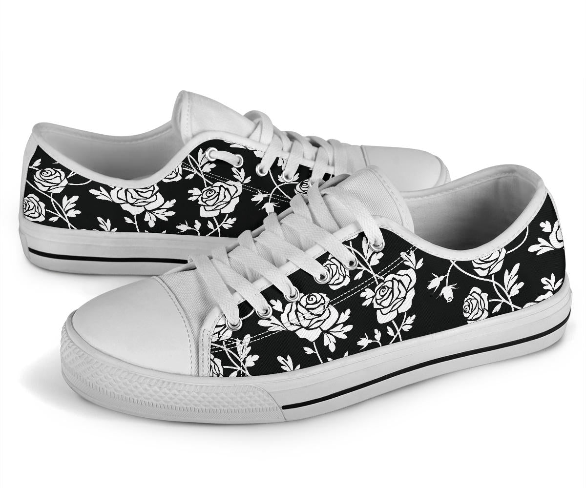 Rose Pattern Print Design RO013 White Bottom Low Top Shoes