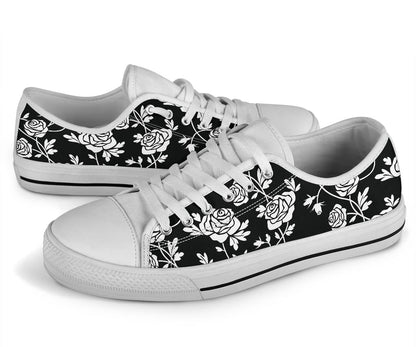 Rose Pattern Print Design RO013 White Bottom Low Top Shoes