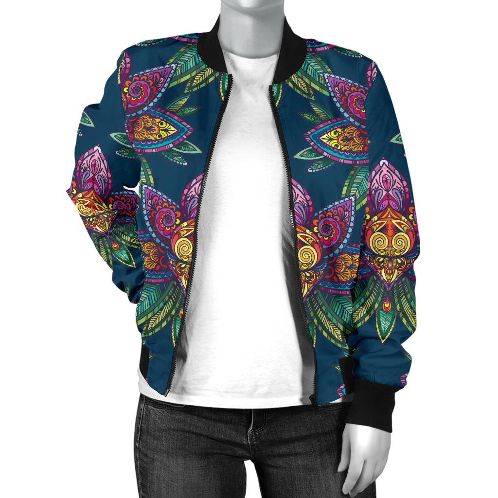 lotus Boho Pattern Print Design LO04 Women Bomber Jacket