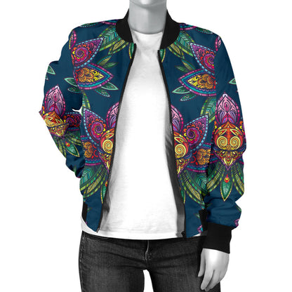 lotus Boho Pattern Print Design LO04 Women Bomber Jacket
