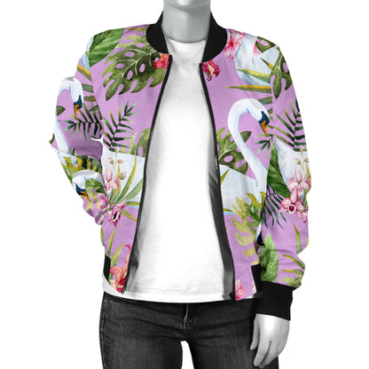 Swan with Flower Pattern Print Design 01 Women's Bomber Jacket