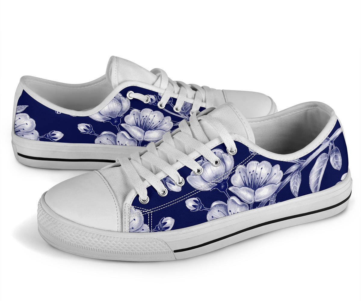 Cherry Blossom Pattern Print Design CB01 White Bottom Low Top Shoes