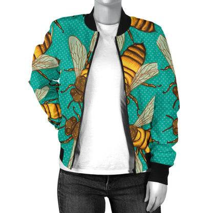 Bee Pattern Print Design BEE04 Women Bomber Jacket