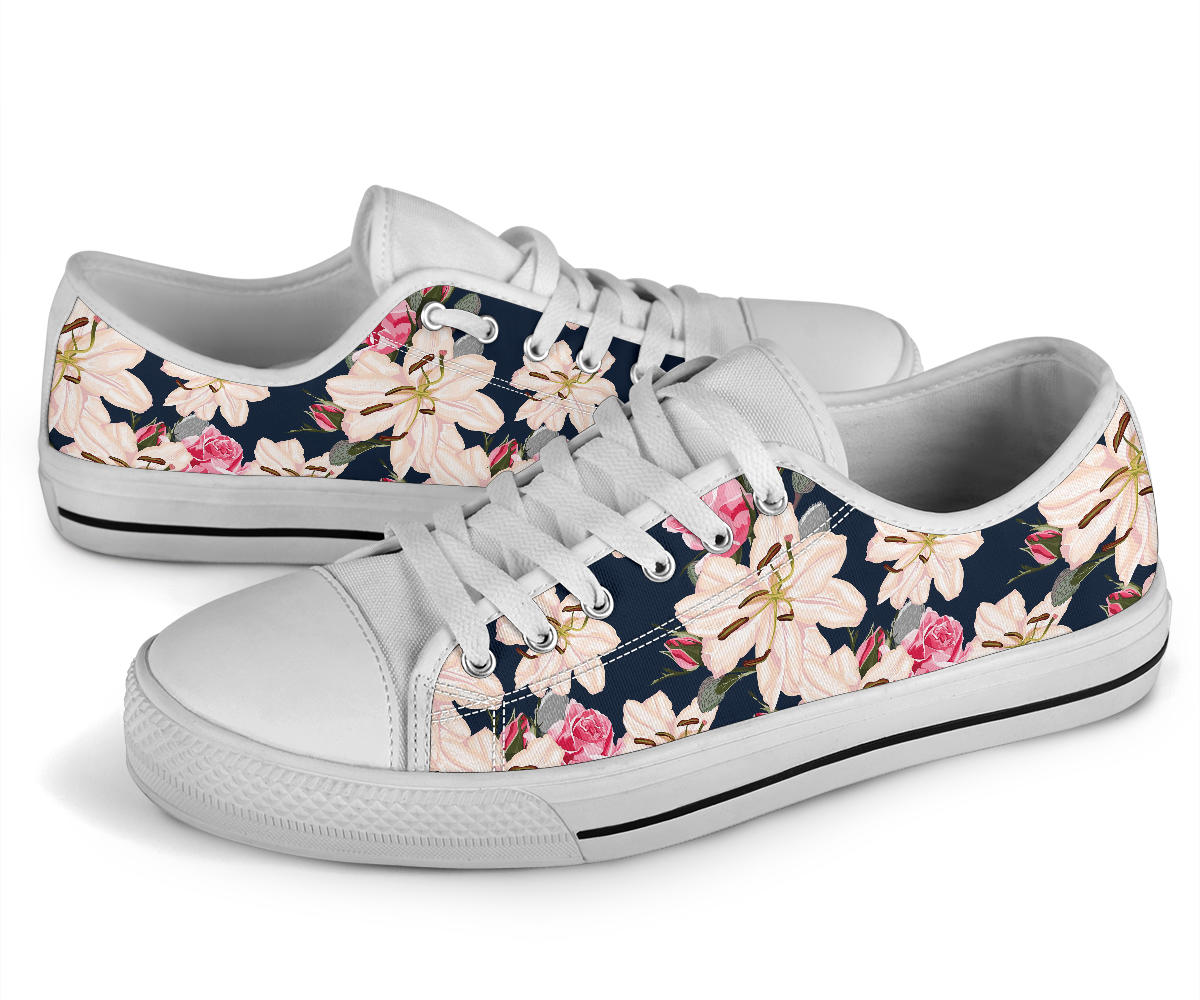 Lily Pattern Print Design LY04 White Bottom Low Top Shoes