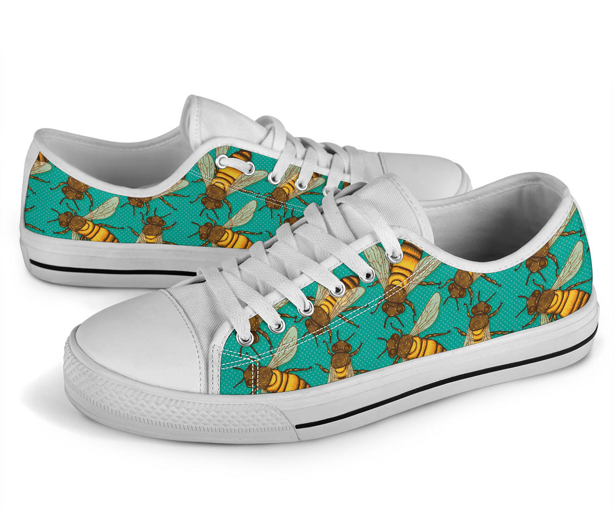 Bee Pattern Print Design BEE04 White Bottom Low Top Shoes