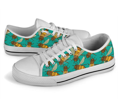 Bee Pattern Print Design BEE04 White Bottom Low Top Shoes