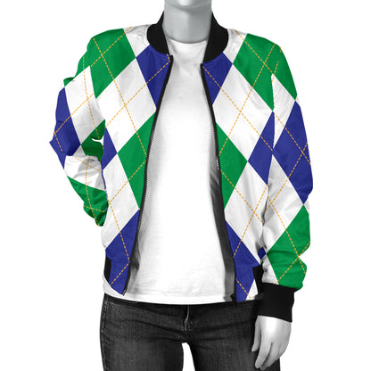 Argyle Green Blue Pattern Print Design 03 Women's Bomber Jacket