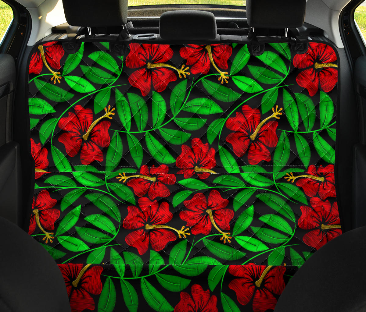 Red Hibiscus Embroidered Pattern Print Design HB032 Rear Dog  Seat Cover