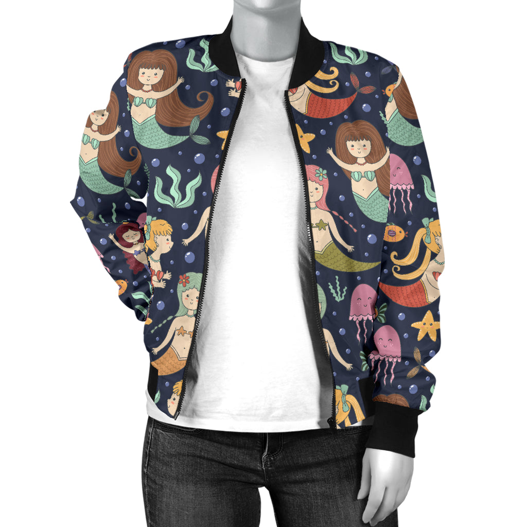 Mermaid Cartoon Pattern Print Design 03 Women's Bomber Jacket