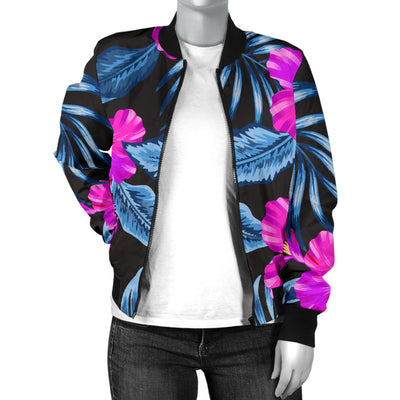 Neon Pink Hibiscus Pattern Print Design HB015 Women Bomber Jacket