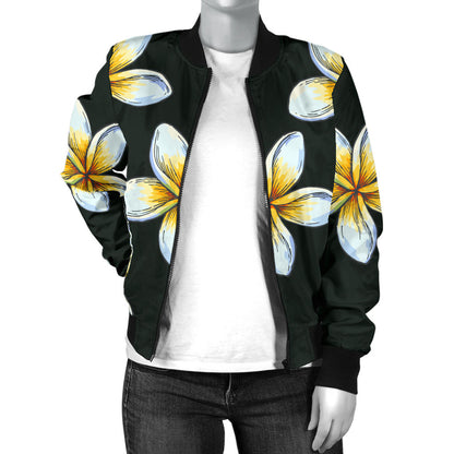 White Plumeria Pattern Print Design PM022 Women Bomber Jacket