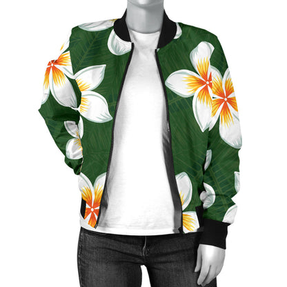 White Plumeria Pattern Print Design PM020 Women Bomber Jacket