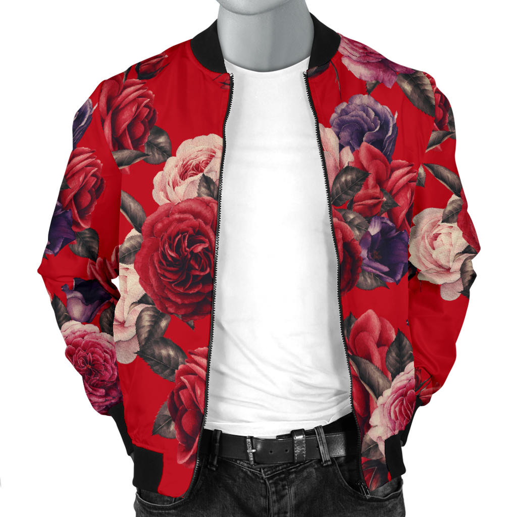 Rose Red Pattern Print Design RO07 Men Bomber Jacket