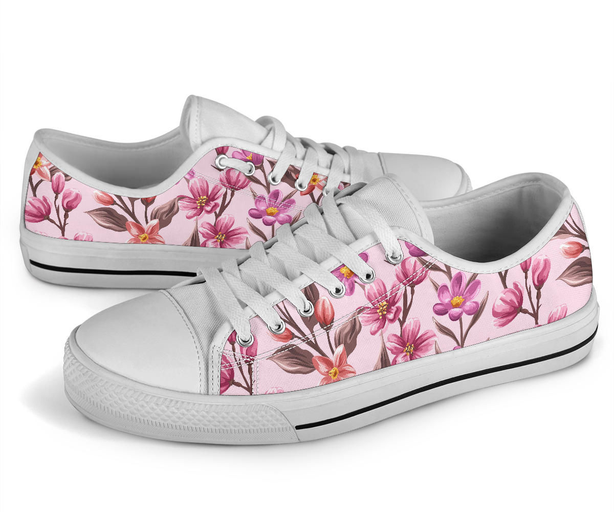 Summer Floral Pattern Print Design SF09 White Bottom Low Top Shoes