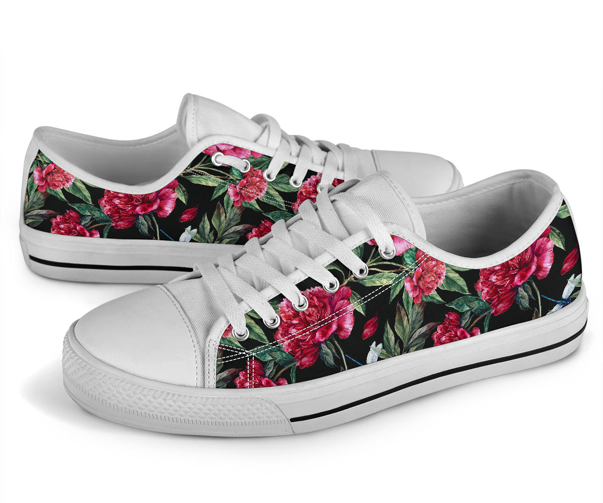 Peony Pattern Print Design PE04 White Bottom Low Top Shoes
