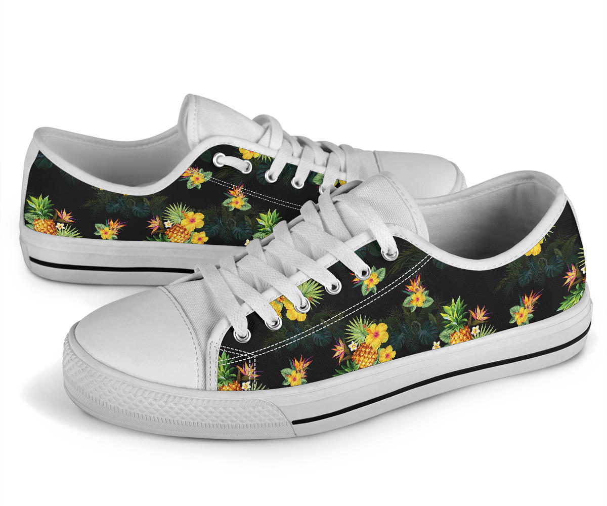 Pineapple Tropical Flower Print Pattern White Bottom Low Top Shoes
