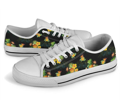 Pineapple Tropical Flower Print Pattern White Bottom Low Top Shoes