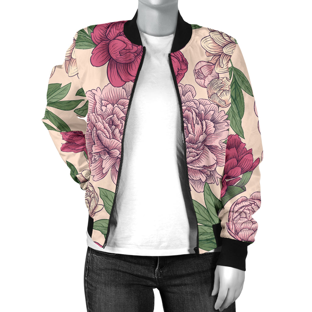 Peony Pattern Print Design A01 Women's Bomber Jacket