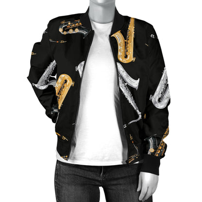 Saxophone Pattern Print Design 01 Women's Bomber Jacket