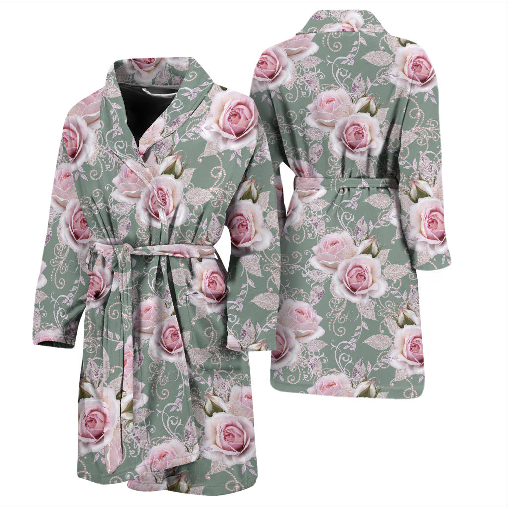 Rose White Pattern Print Design RO012 Men Bathrobe