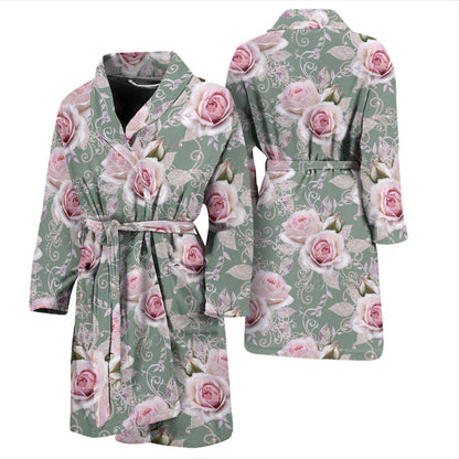 Rose White Pattern Print Design RO012 Men Bathrobe