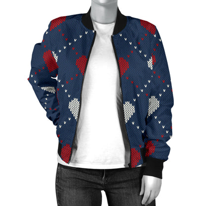 Heart Knit Pattern Print Design HE05 Women Bomber Jacket