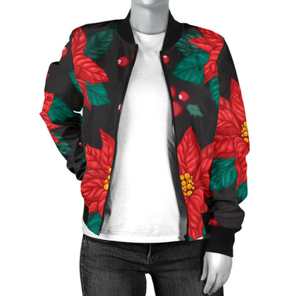 Poinsettia Pattern Print Design POT07 Women Bomber Jacket