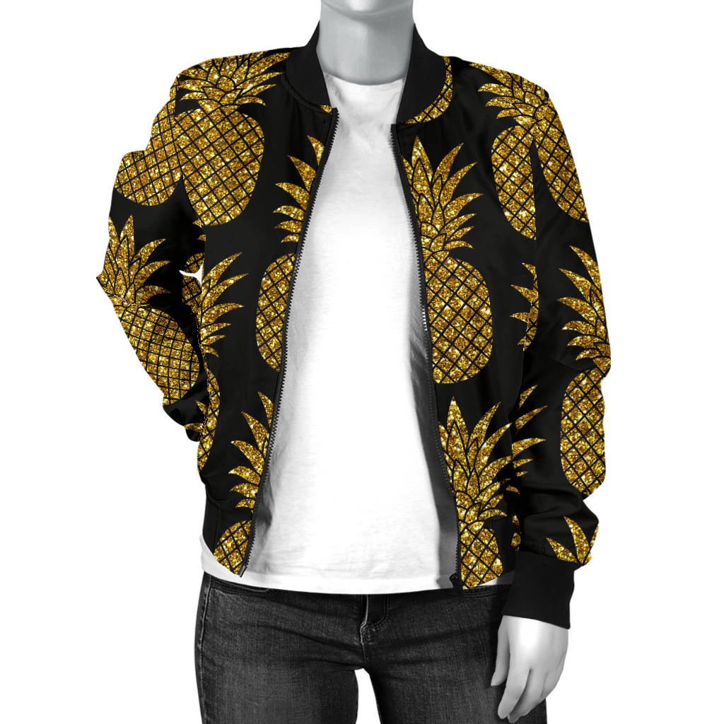 Gold Pineapple Pattern Print Design PP011 Women Bomber Jacket
