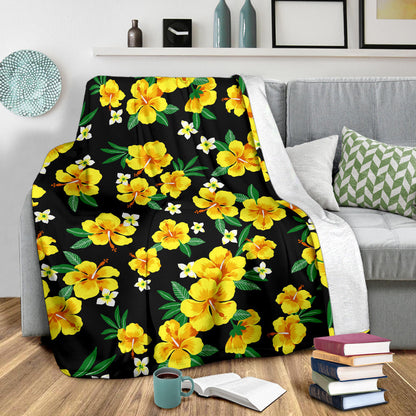 Yellow Hibiscus Pattern Print Design HB08 Fleece Blanket