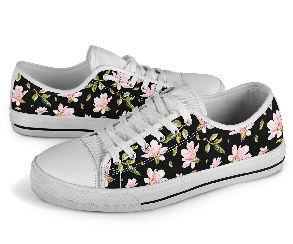 Magnolia Pattern Print Design MAG01 White Bottom Low Top Shoes