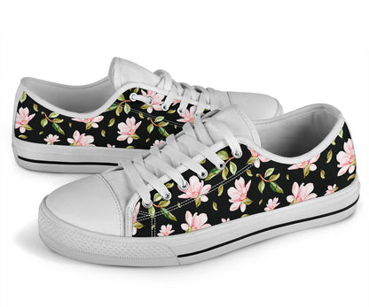Magnolia Pattern Print Design MAG01 White Bottom Low Top Shoes