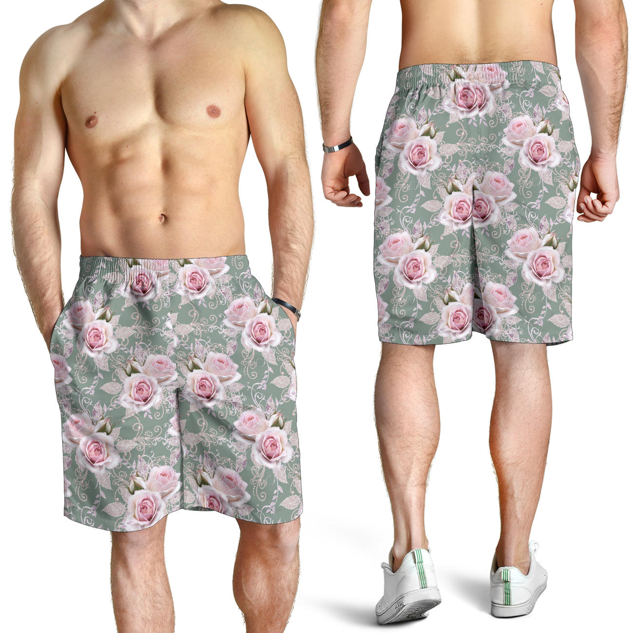 Rose White Pattern Print Design RO012 Mens Shorts