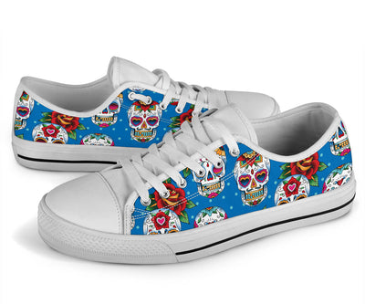 Sugar Skull Rose Pattern White Bottom Low Top Shoes