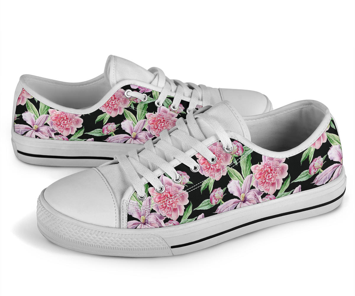 Peony Pattern Print Design PE08 White Bottom Low Top Shoes