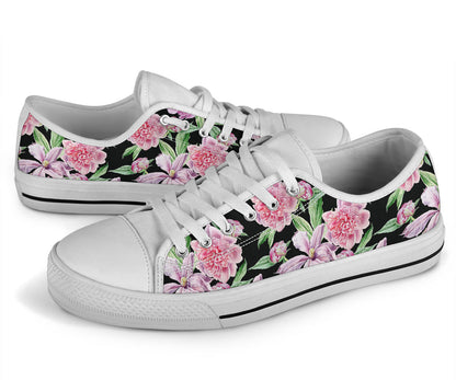 Peony Pattern Print Design PE08 White Bottom Low Top Shoes