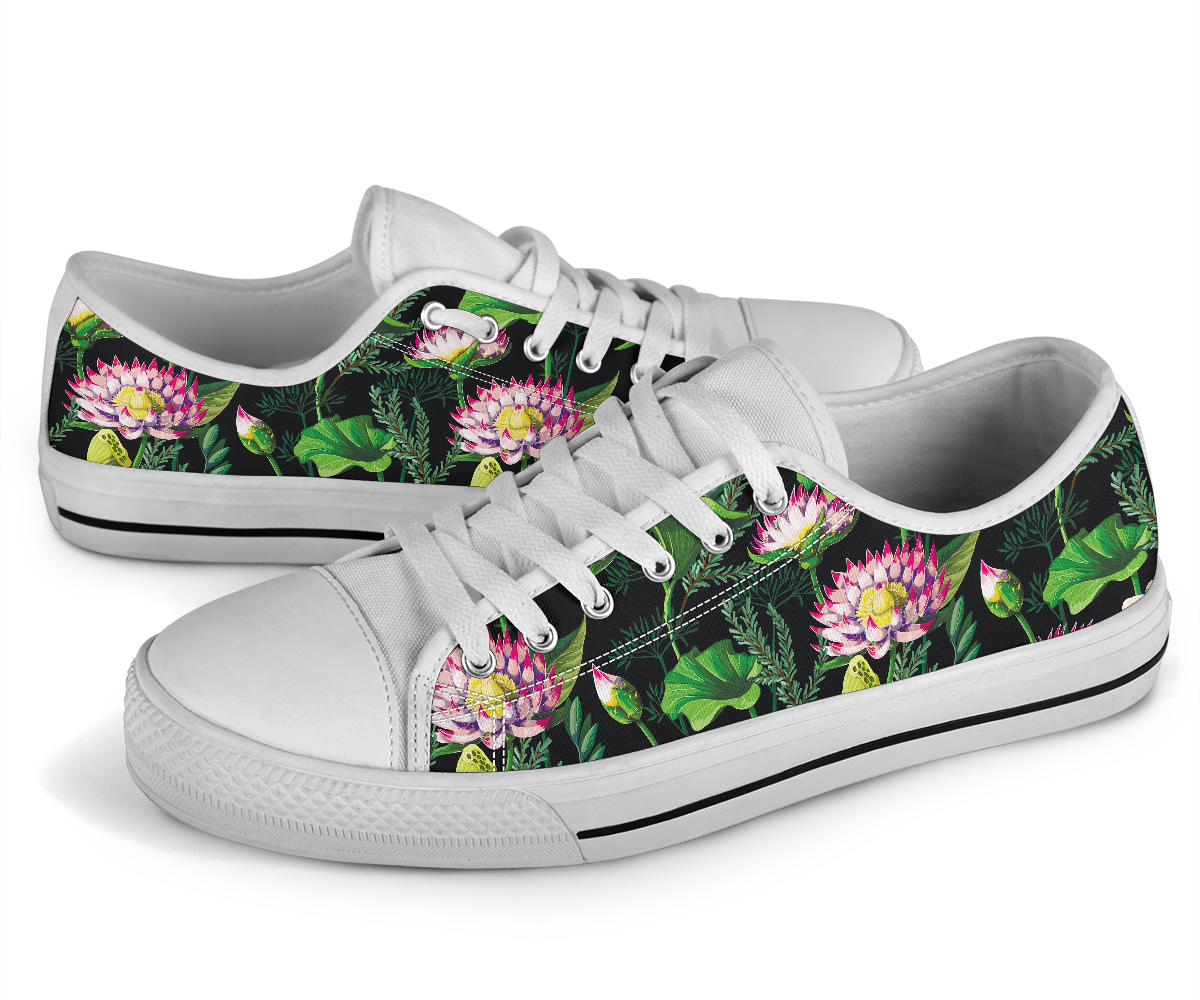 Water Lily Pattern Print Design WL010 White Bottom Low Top Shoes