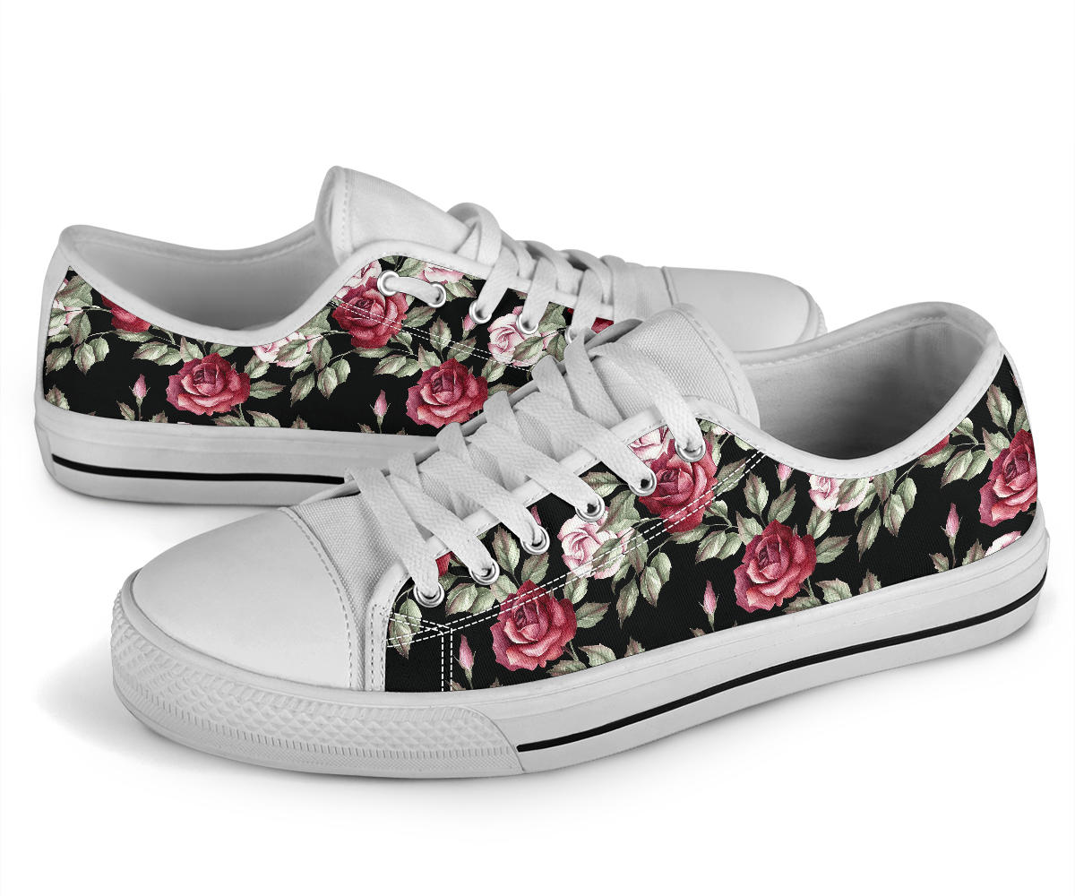 Rose Red Pink Pattern Print Design RO03 White Bottom Low Top Shoes