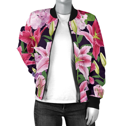 Lily Pattern Print Design LY017 Women Bomber Jacket